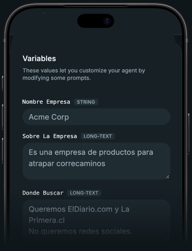Variables de una plantilla en el teléfono: nombre de la empresa, a qué se dedica y dónde buscar noticias.