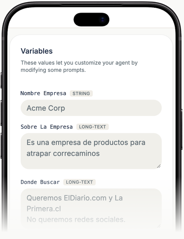Variables de una plantilla en el teléfono: nombre de la empresa, a qué se dedica y dónde buscar noticias.