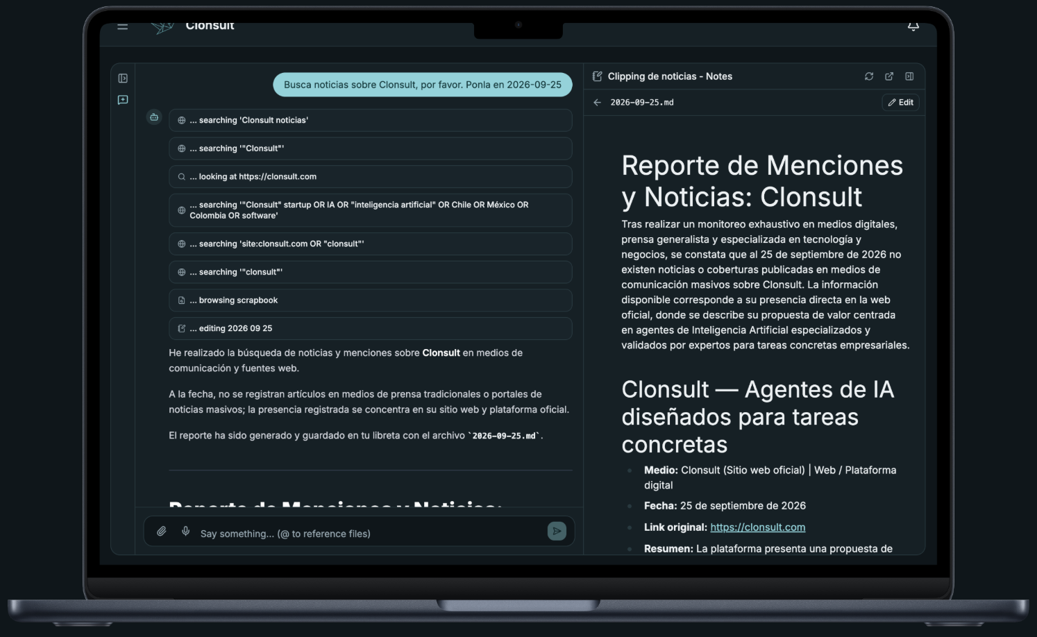 Conversación con el agente de clipping de noticias y, a la derecha, el informe que dejó guardado en su scrapbook.