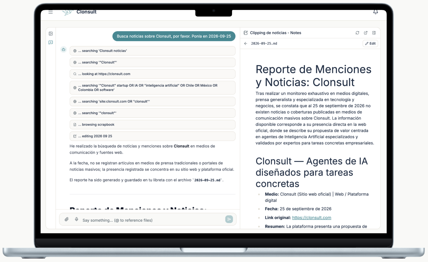 Conversación con el agente de clipping de noticias y, a la derecha, el informe que dejó guardado en su scrapbook.